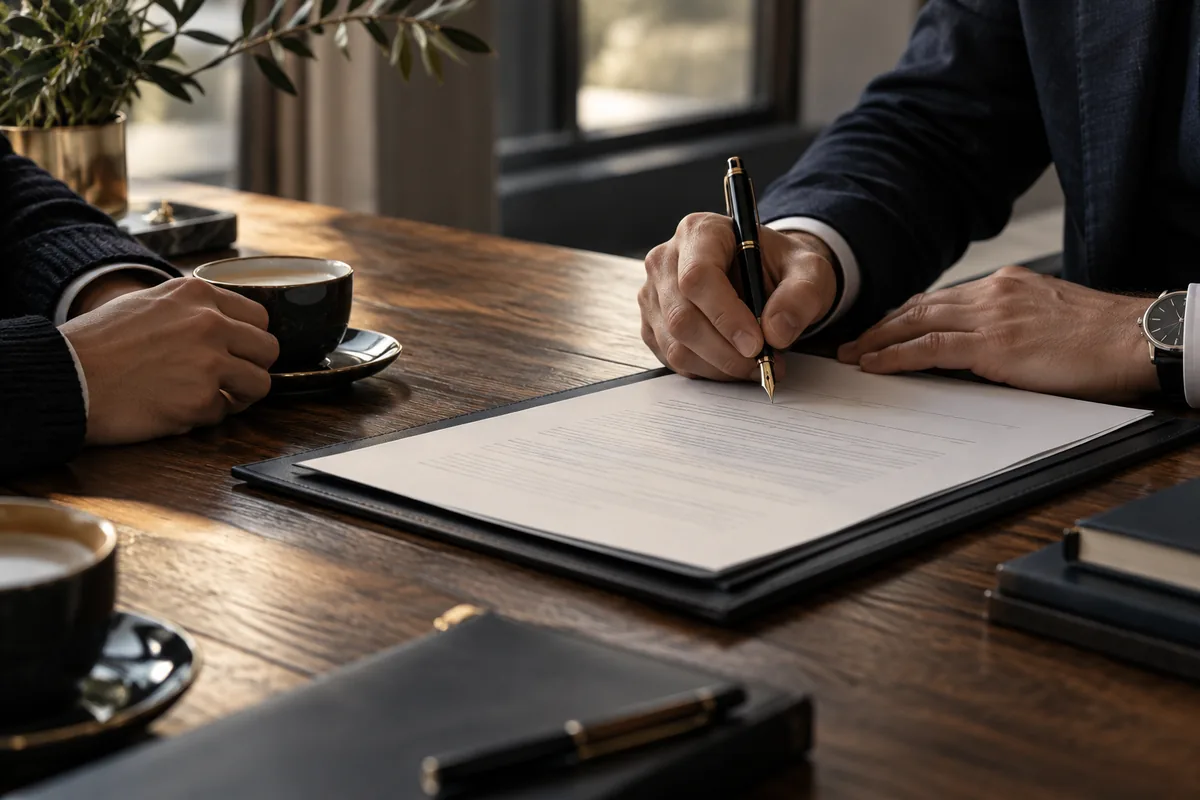 Two people at an oak table, one signing an agreement