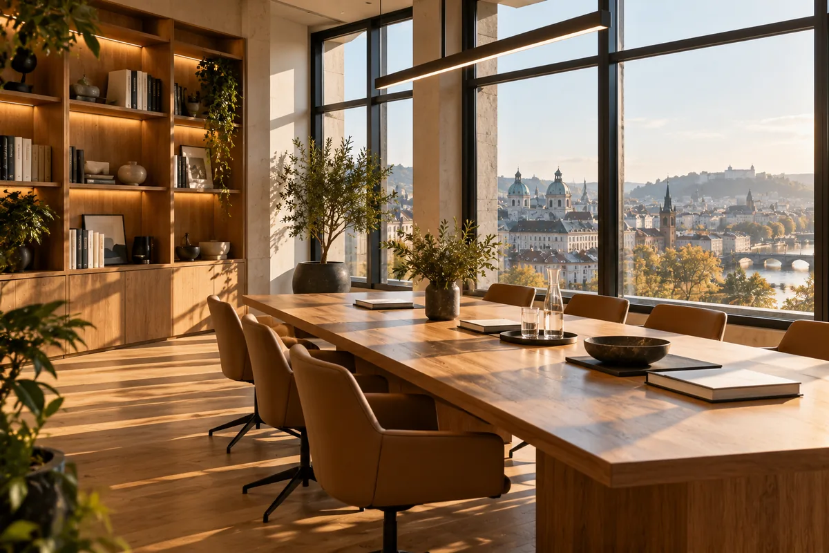 A calm office with a long oak table and windows over old rooftops