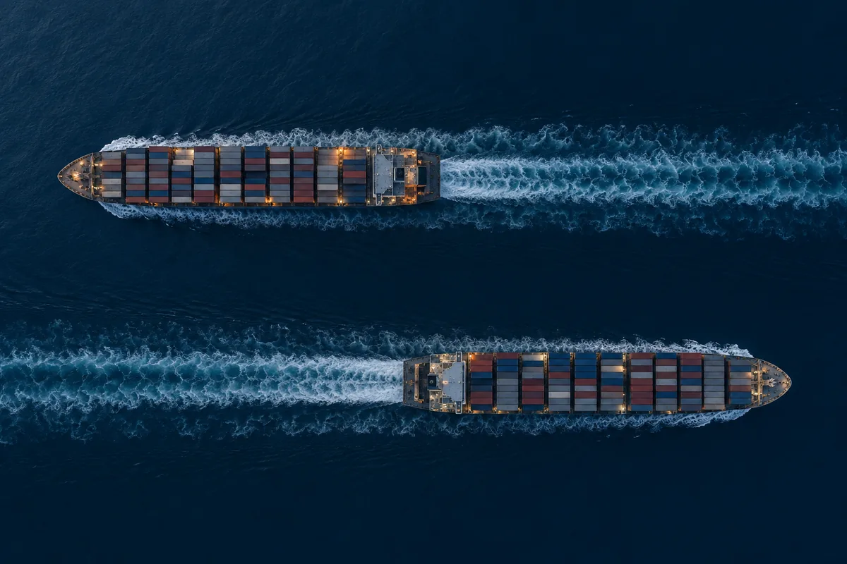 Twee containerschepen die elkaar in tegengestelde richting passeren, van bovenaf gezien