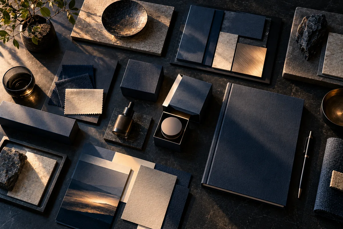 Packaging prototypes and material samples on a studio table