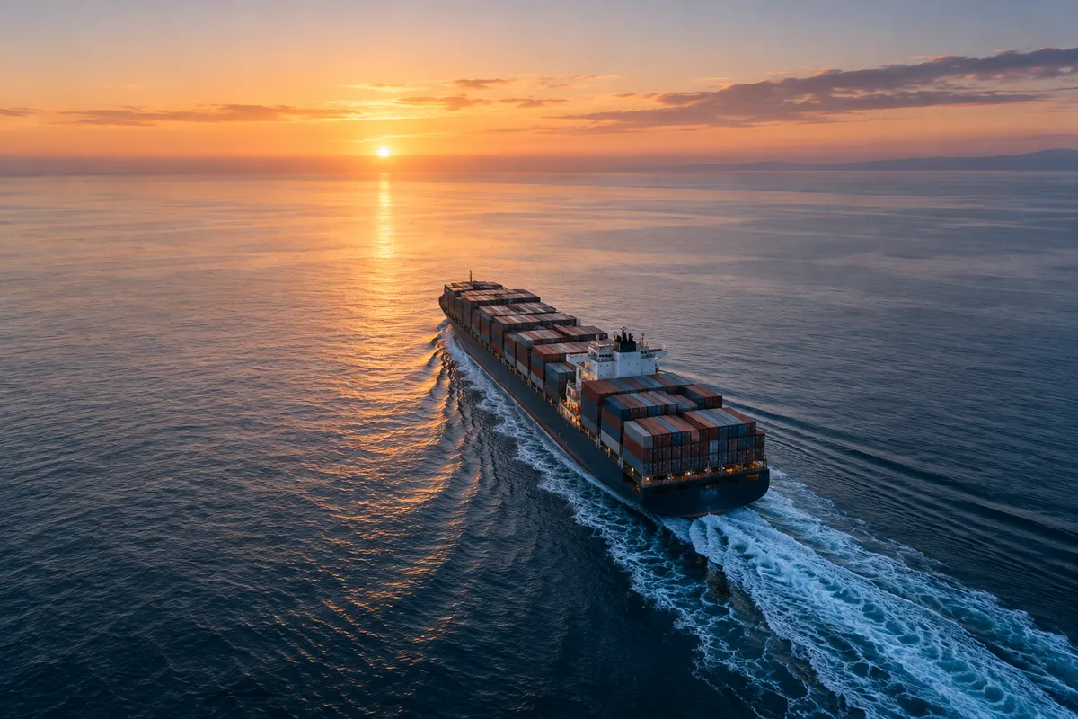 A container ship crossing open sea at dawn