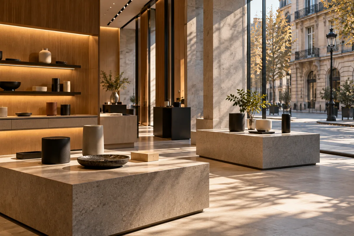 A minimalist product showroom on a historic European street