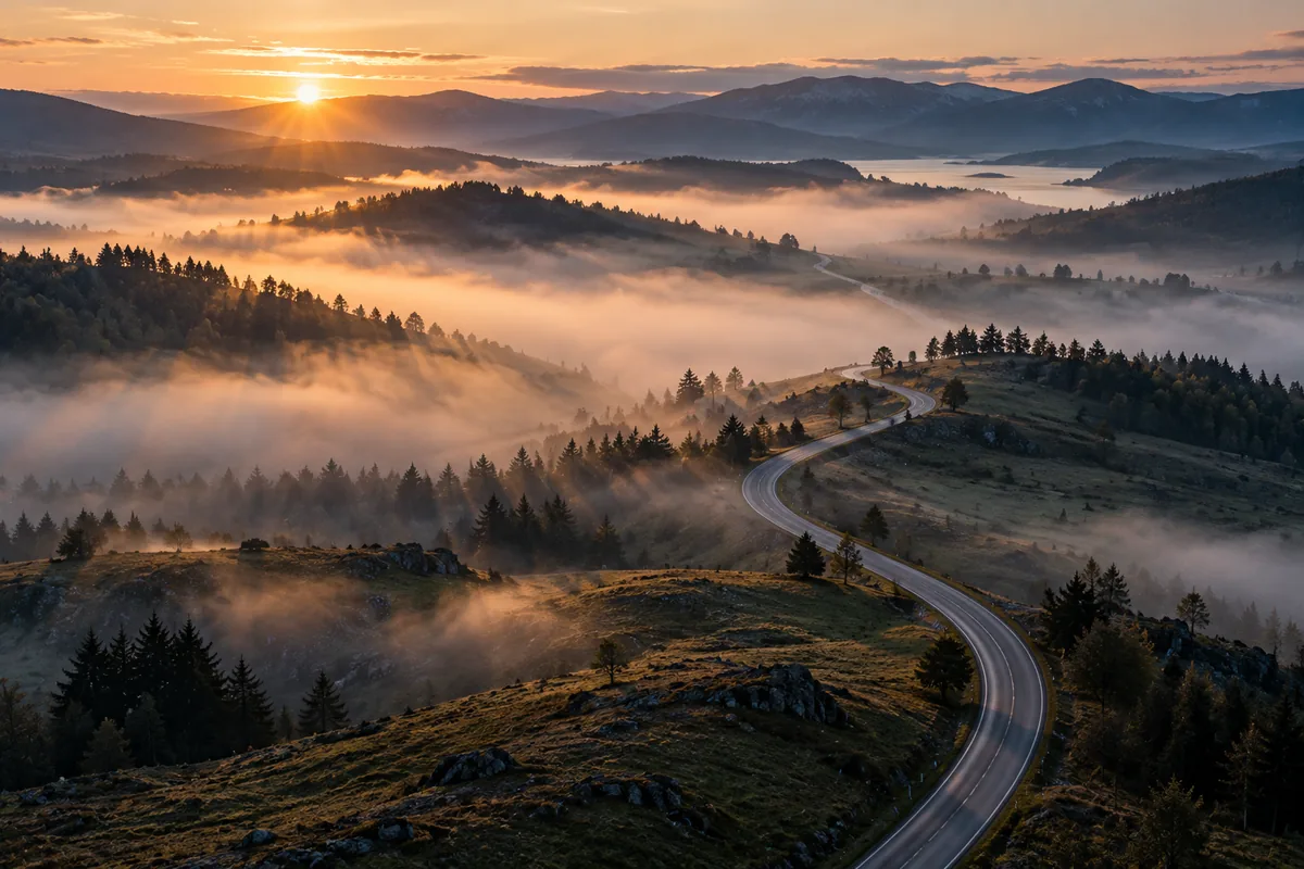 A road through open green land seen from above