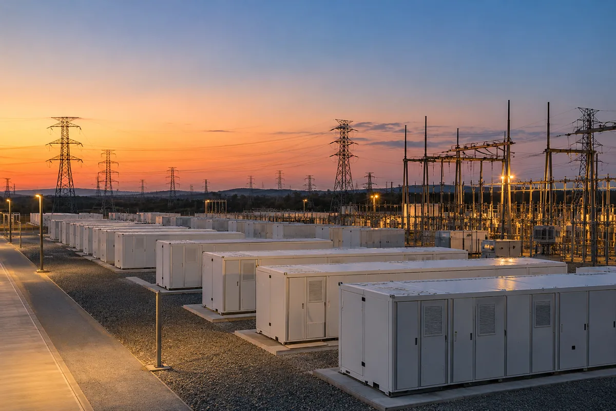 Reihen von Batteriespeichercontainern neben einem Umspannwerk in der Abenddämmerung