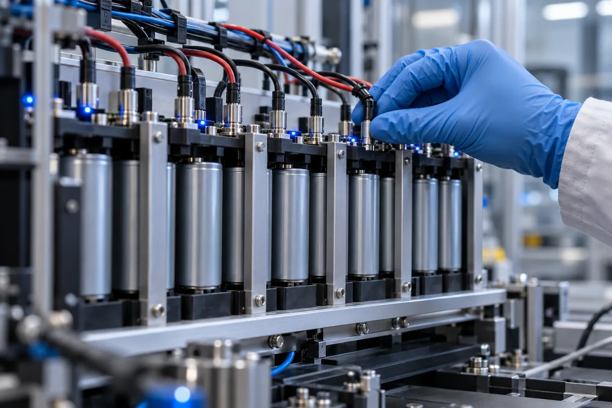 A gloved hand adjusting a connector on a battery cell test rack