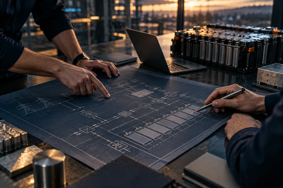 Engineers pointing at a printed diagram for a battery storage system