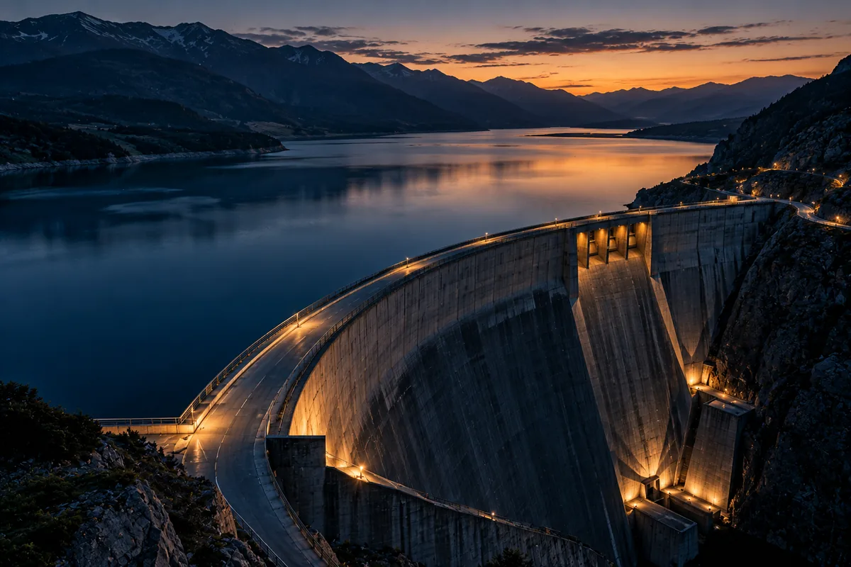 The curved concrete wall of a dam