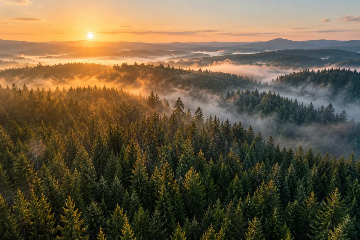Mist over a conifer forest at sunrise
