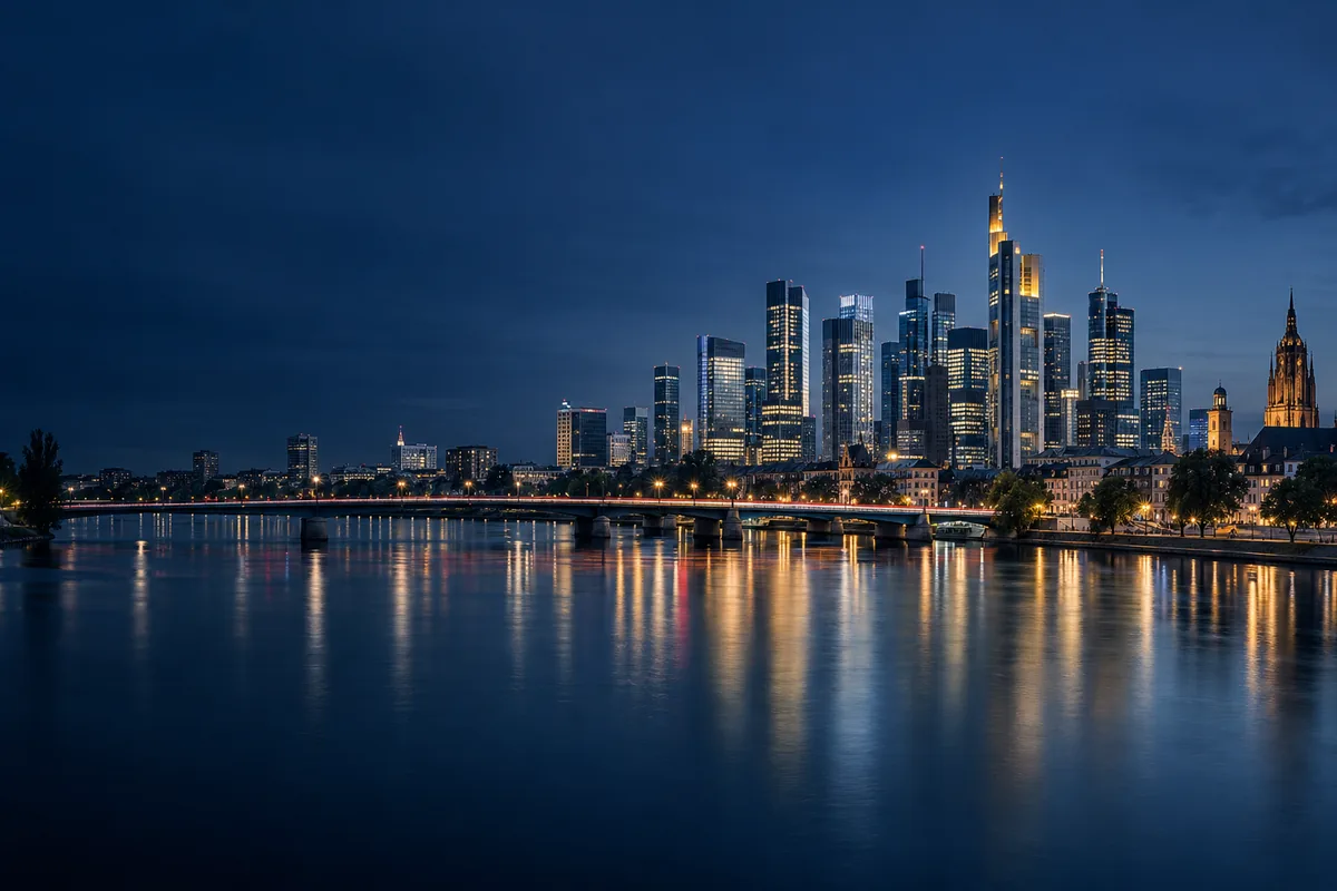 De skyline van Frankfurt boven de Main tijdens het blauwe uur