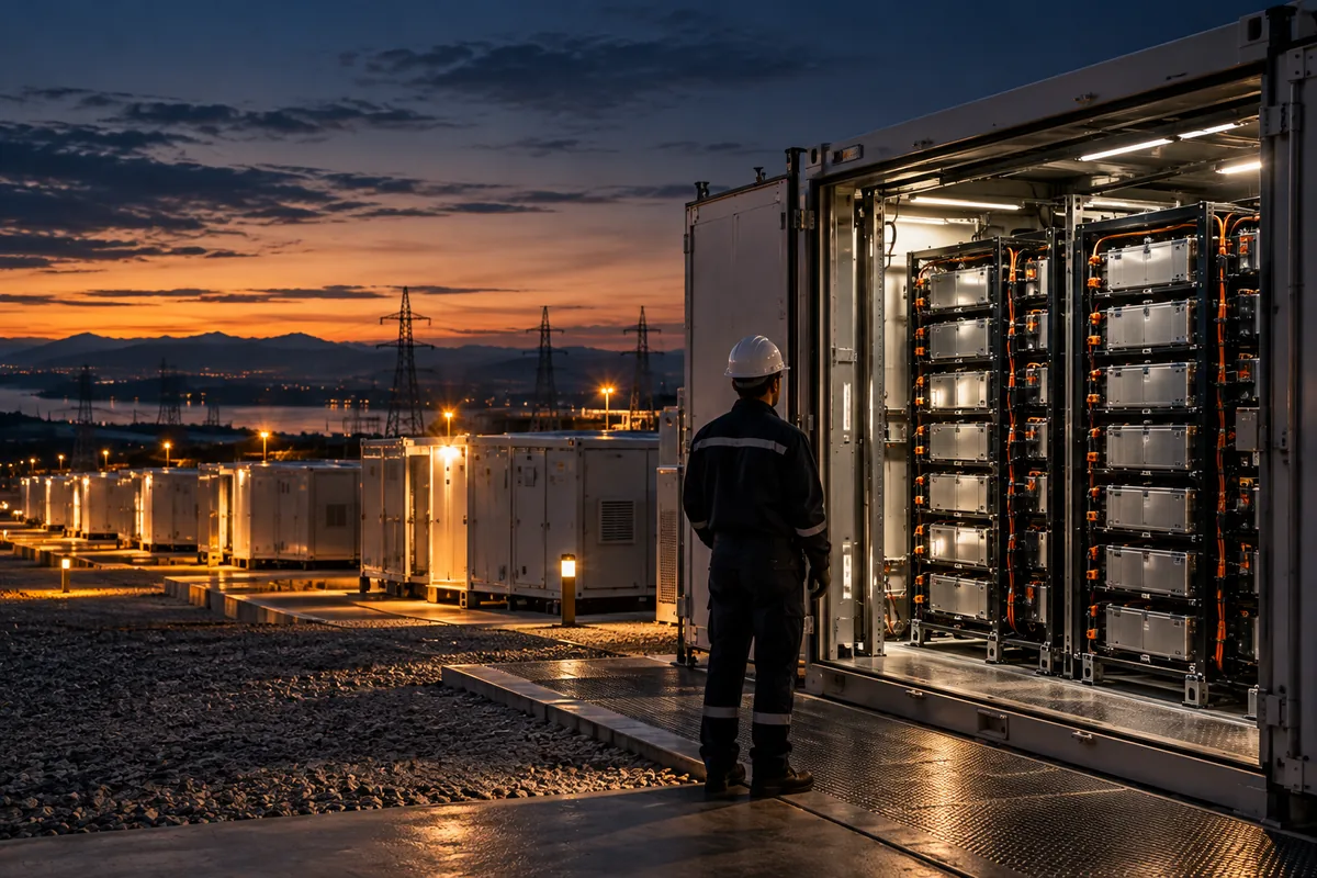 An engineer in a hard hat in a dark industrial workspace