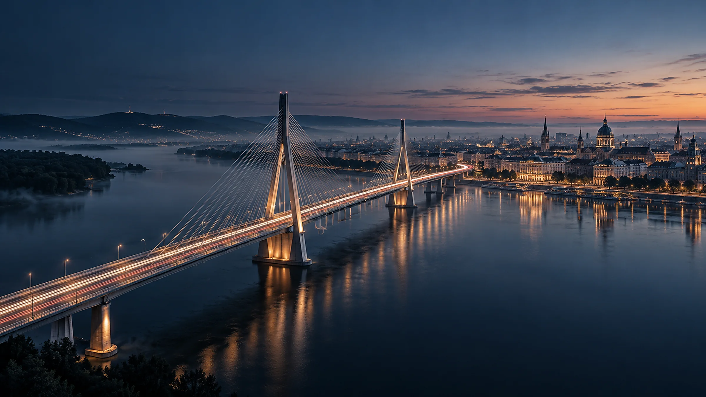 A cable-stayed bridge crossing a wide river into a lit city at blue hour
