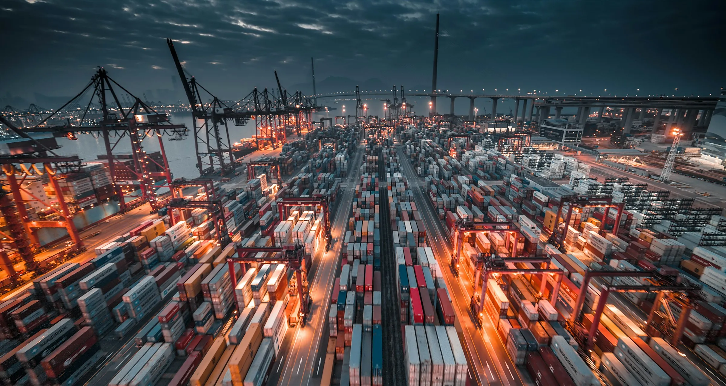 A container port at night seen from above