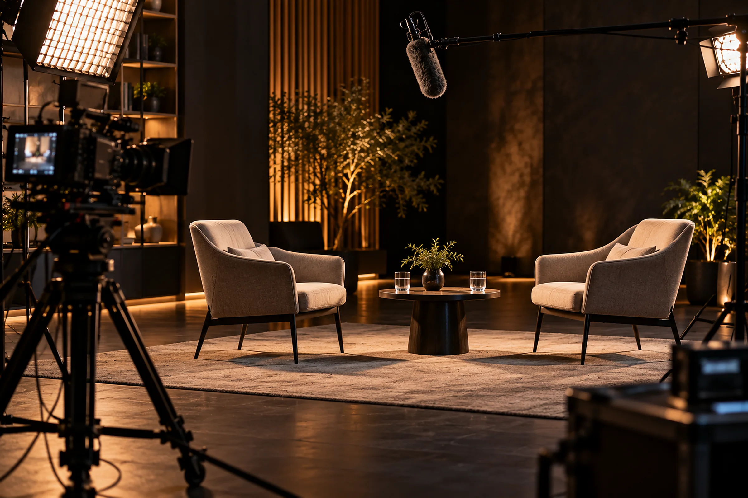 An empty interview set with two chairs, a broadcast camera and a microphone