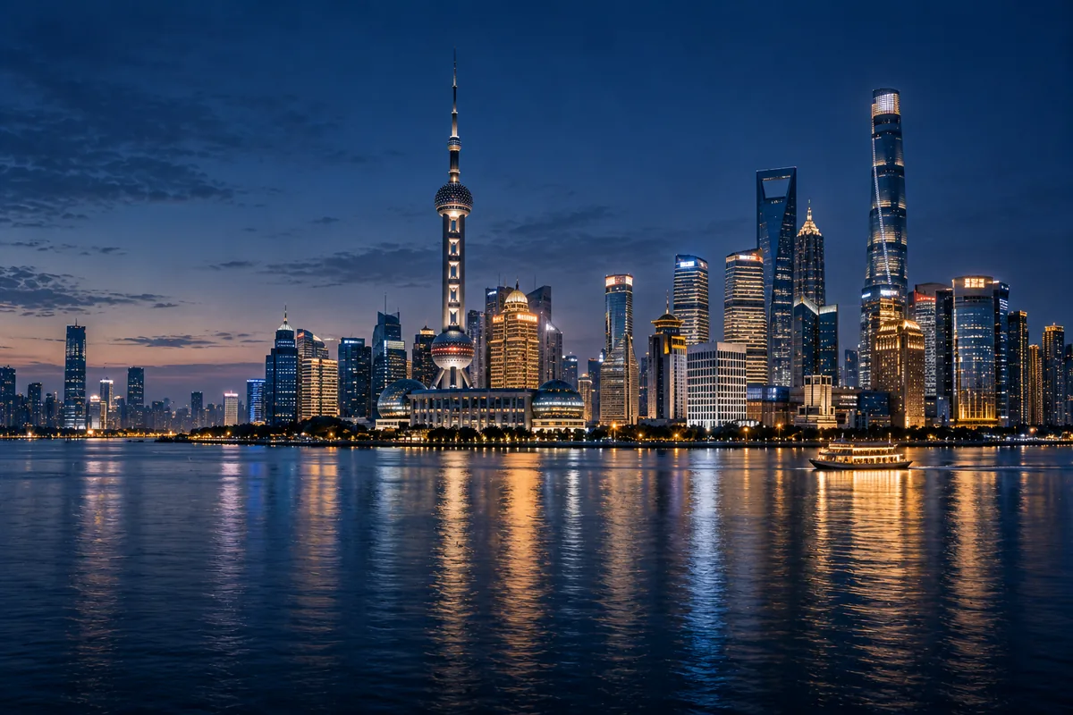 De skyline van Shanghai aan de overkant van de Huangpu tijdens het blauwe uur