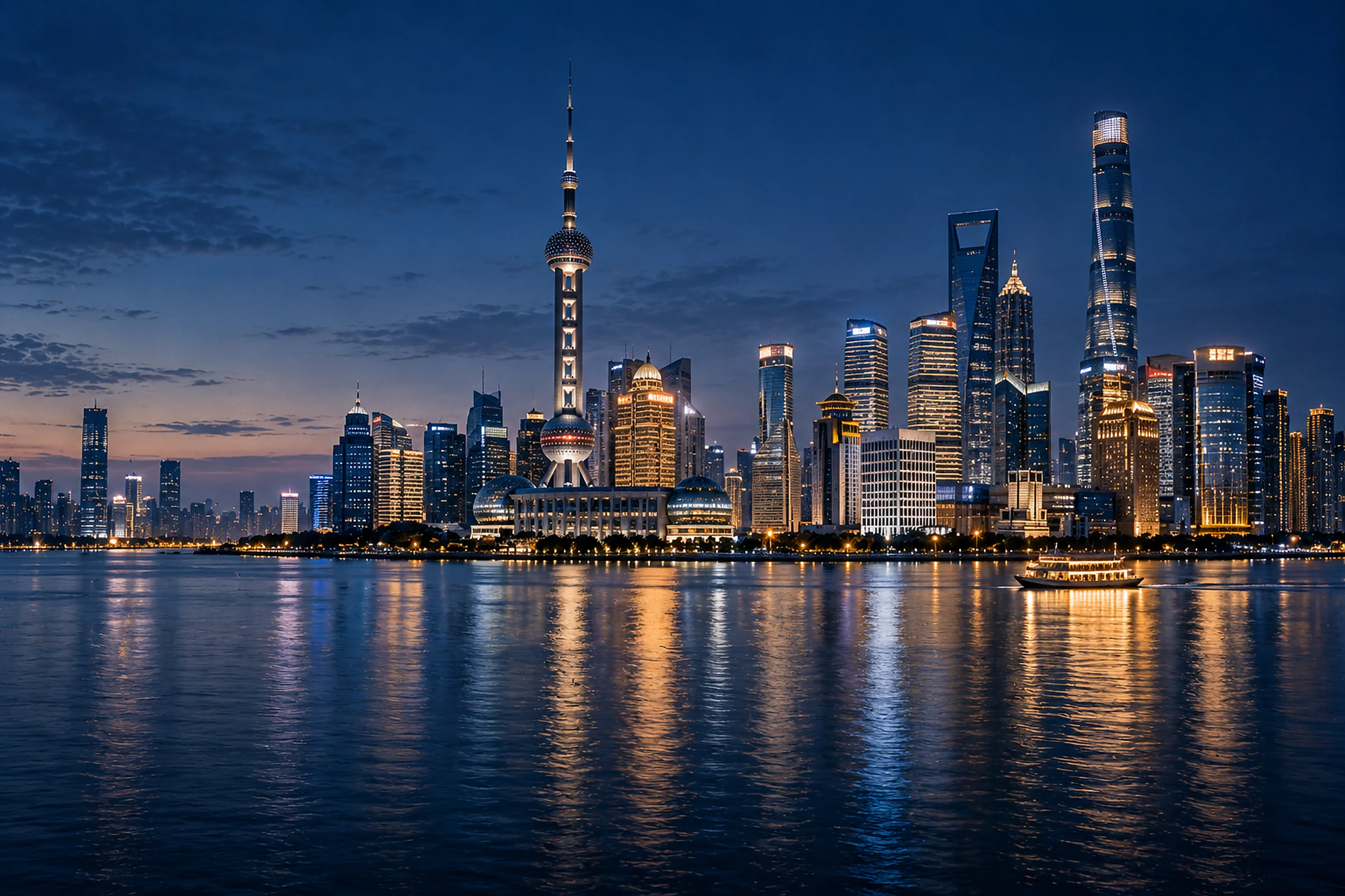 De skyline van Shanghai aan de overkant van de Huangpu tijdens het blauwe uur