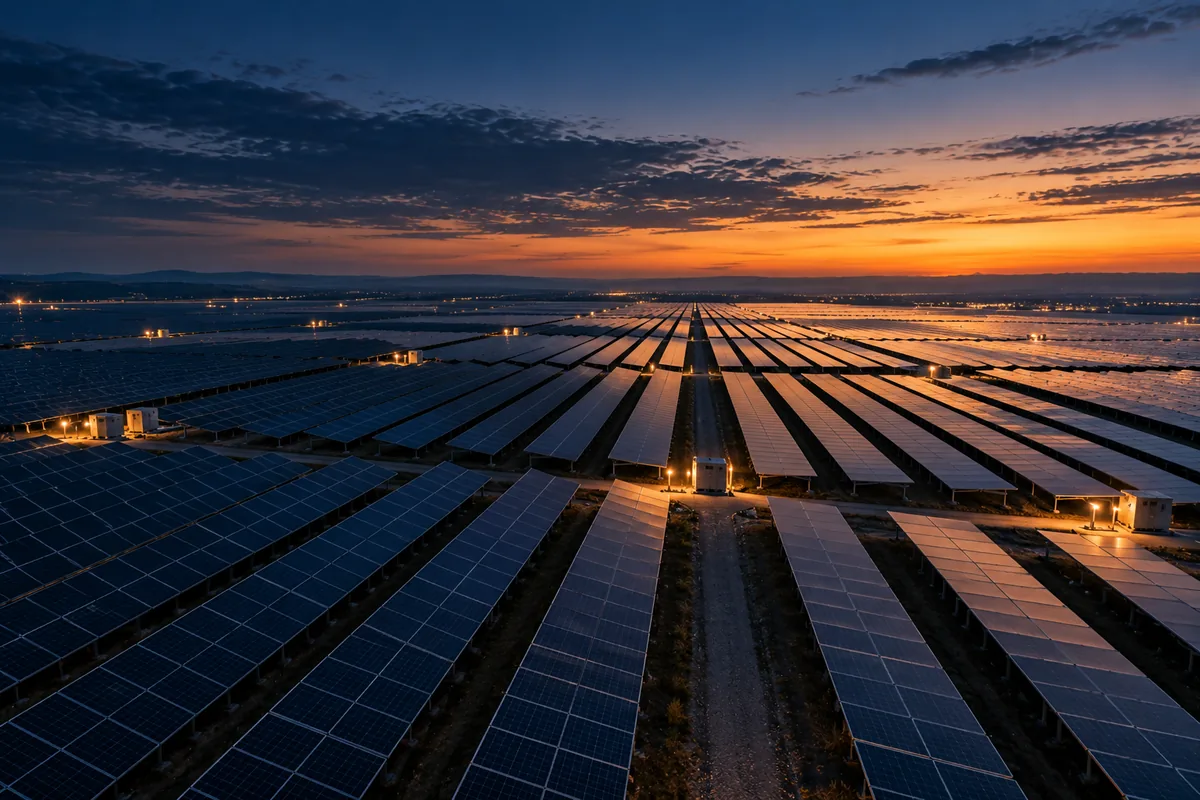 Ein Solarpark erstreckt sich zur blauen Stunde bis zum Horizont