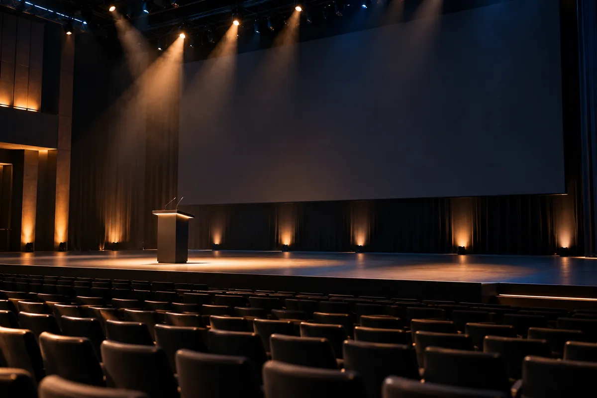 An empty conference stage with a lectern under warm spotlights