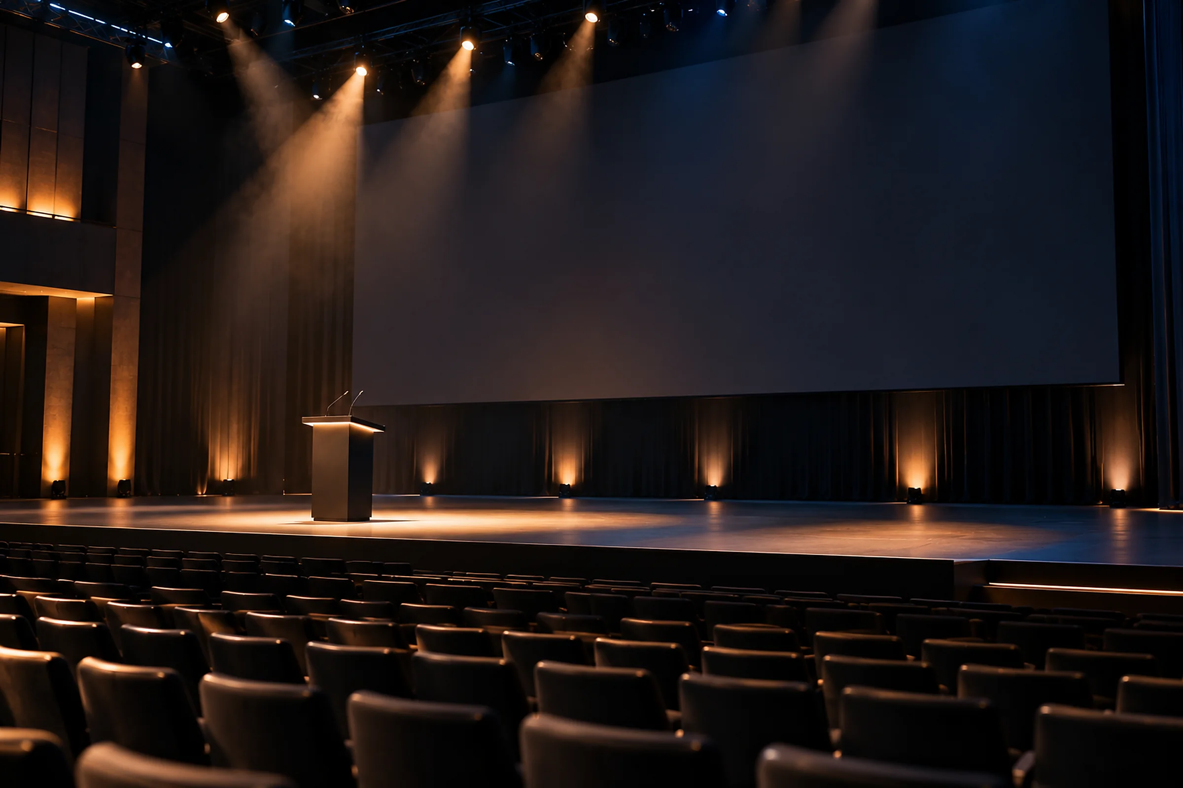 An empty conference stage with a lectern under warm spotlights