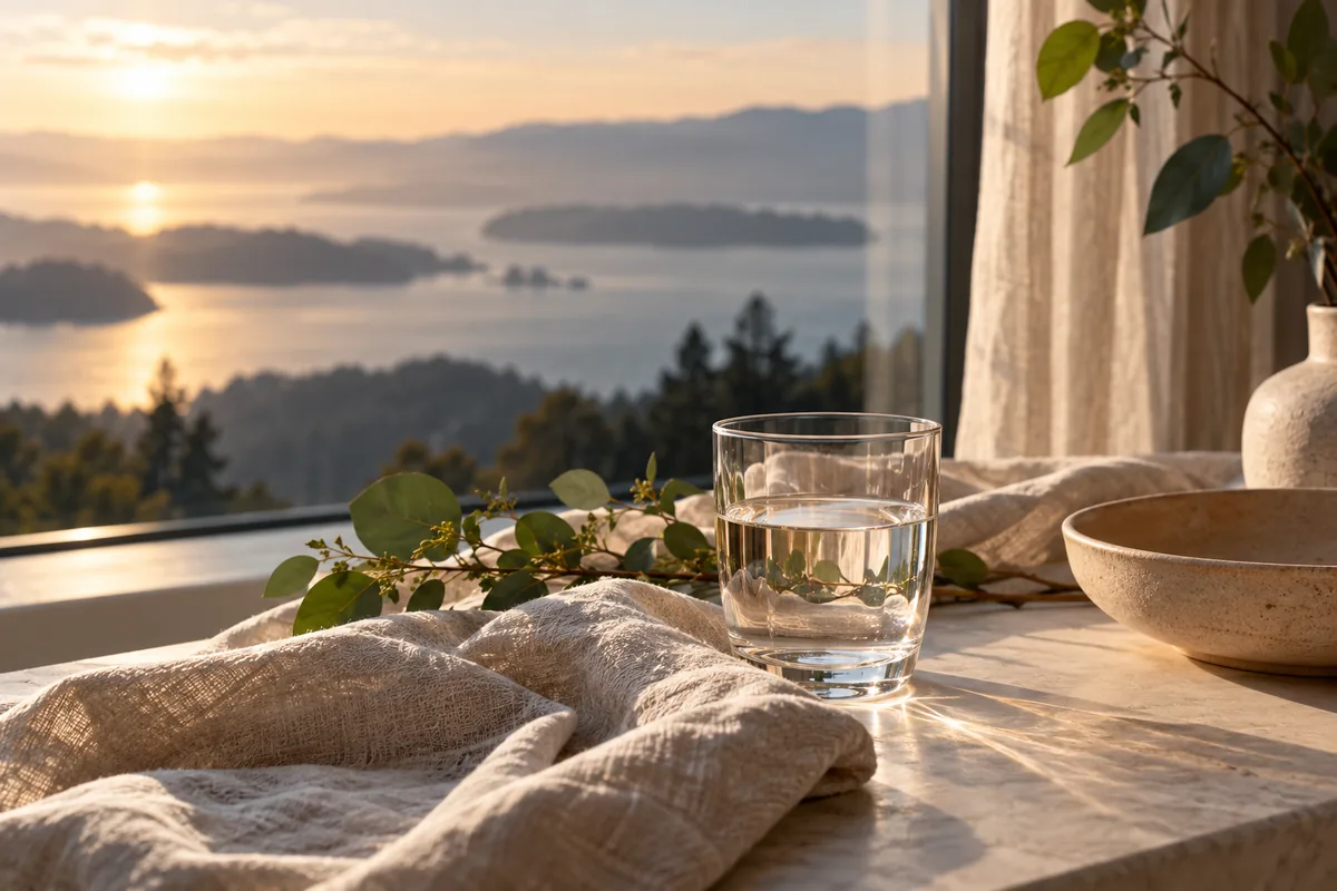 A glass of water and linen by a window in morning light
