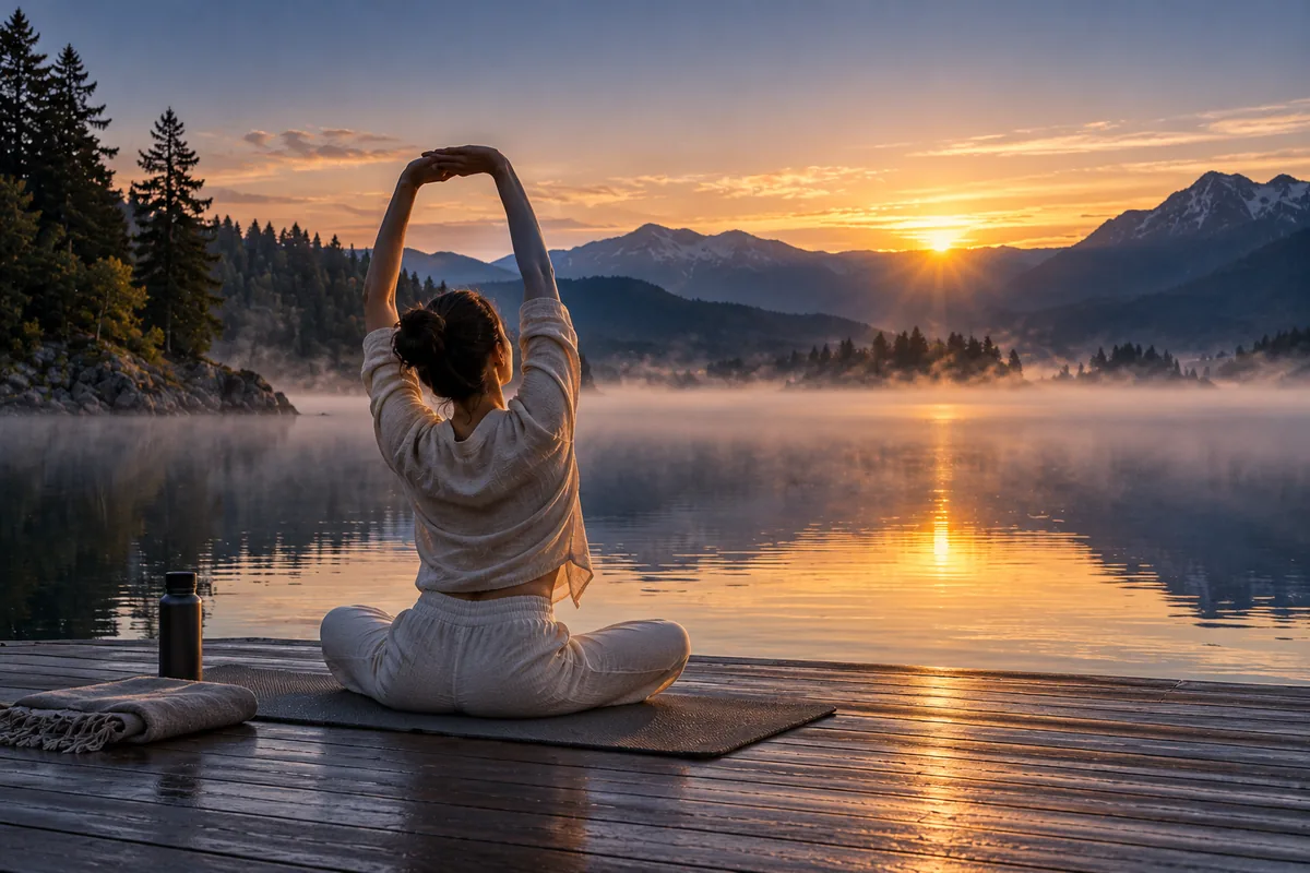 Eine Frau dehnt sich im Morgengrauen an einem nebligen See